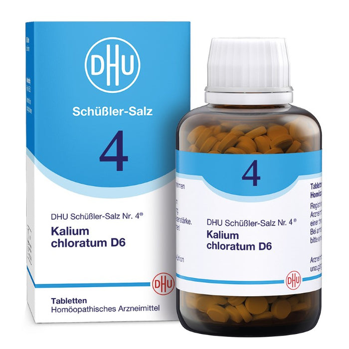 DHU Schüßler-Salz Nr. 4 Kalium chloratum D6 – Das Mineralsalz der Schleimhäute – das Original – umweltfreundlich im Arzneiglas, 900 pc Tablettes