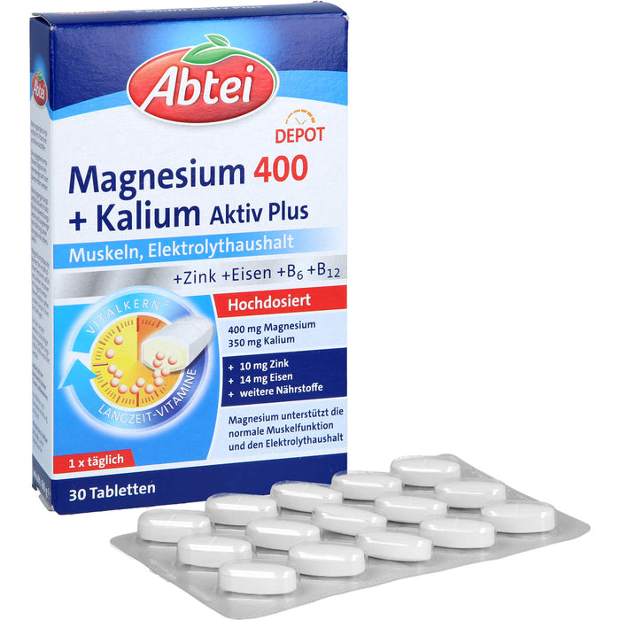 Abtei Magnesium 400 + Kalium aktiv plus Tabletten für Muskeln und Elektrolythaushalt, 30 St. Tabletten