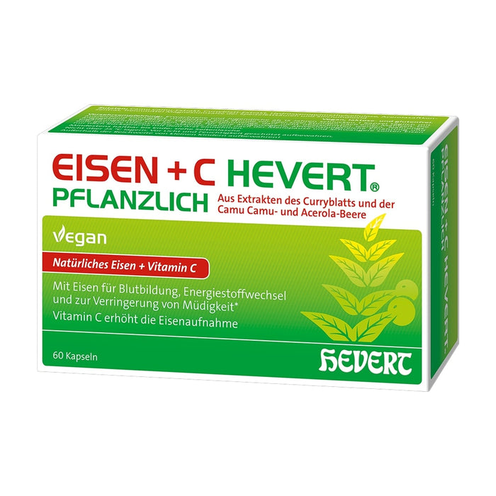 HEVERT Eisen + C pflanzliche Kapseln für Blutbildung, Energiestoffwechsel und zur Verringerung von Müdigkeit, 60 pcs. Capsules