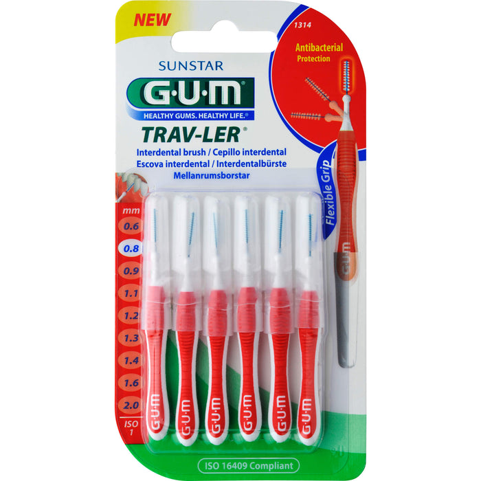 GUM TRAV-LER rot Kerze 0,8 mm antibakterielle Interdentalbürsten, 5 pc Brosses interdentaires